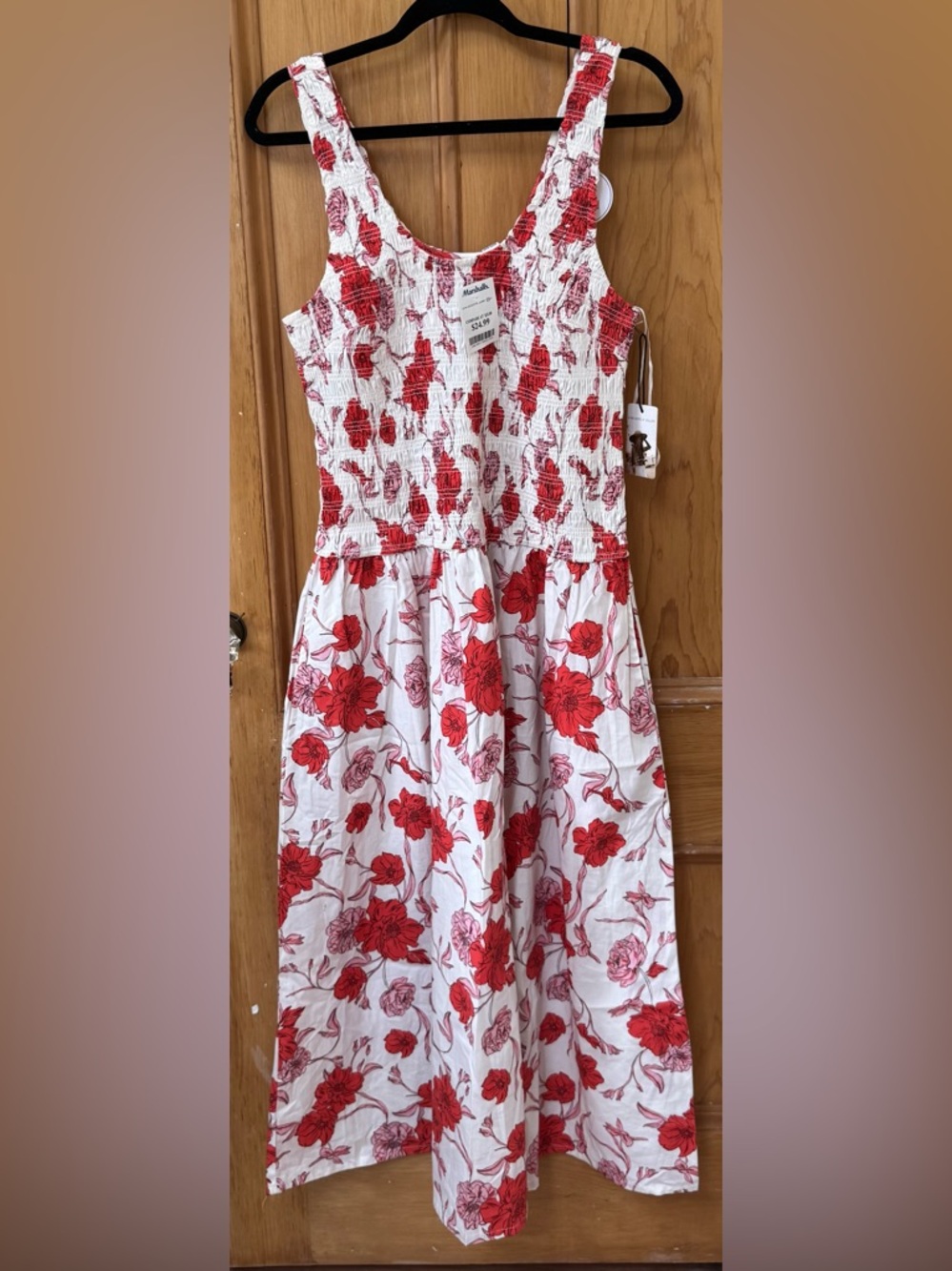 Sincerely Jules Floral Smocked Midi Dress NWT XL Red White Pockets
